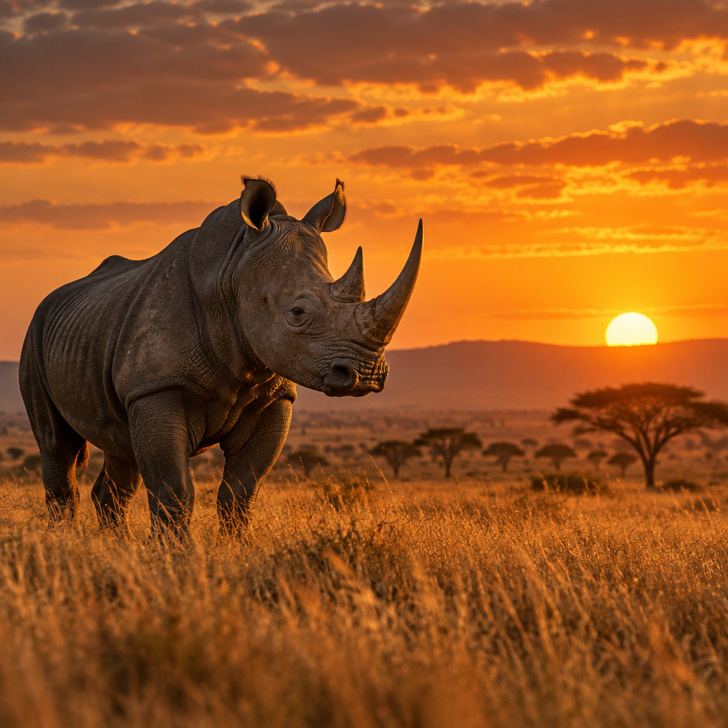 A powerful rhinoceros in a golden sunset savanna — symbolizing the strength and determination of Rhino Justice LLC
