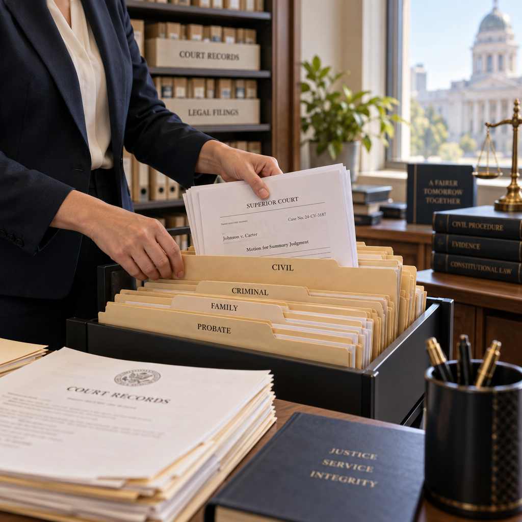 Hands carefully filing legal documents into organized folders in a Texas court records office