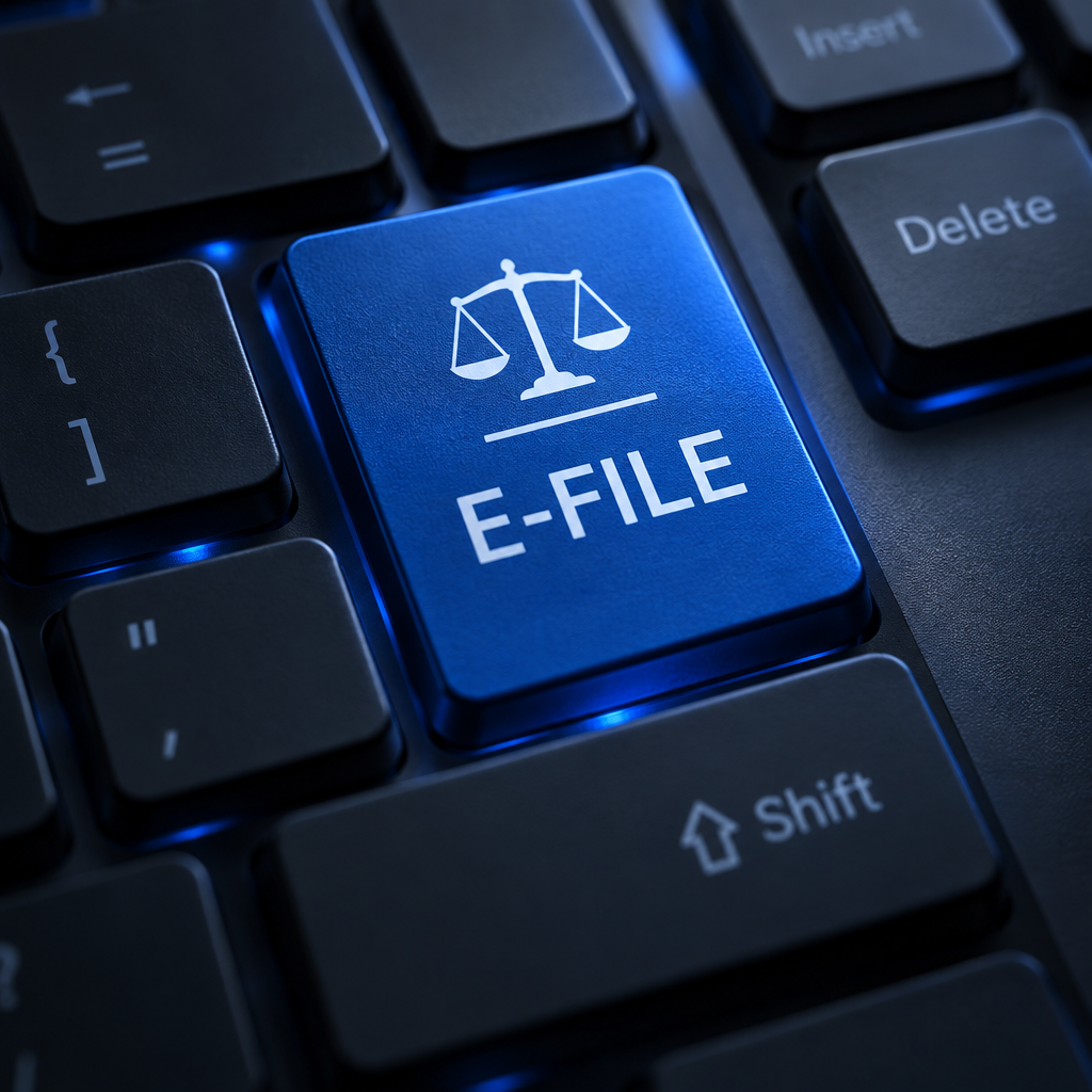 E-File key on a modern keyboard representing electronic court filing services