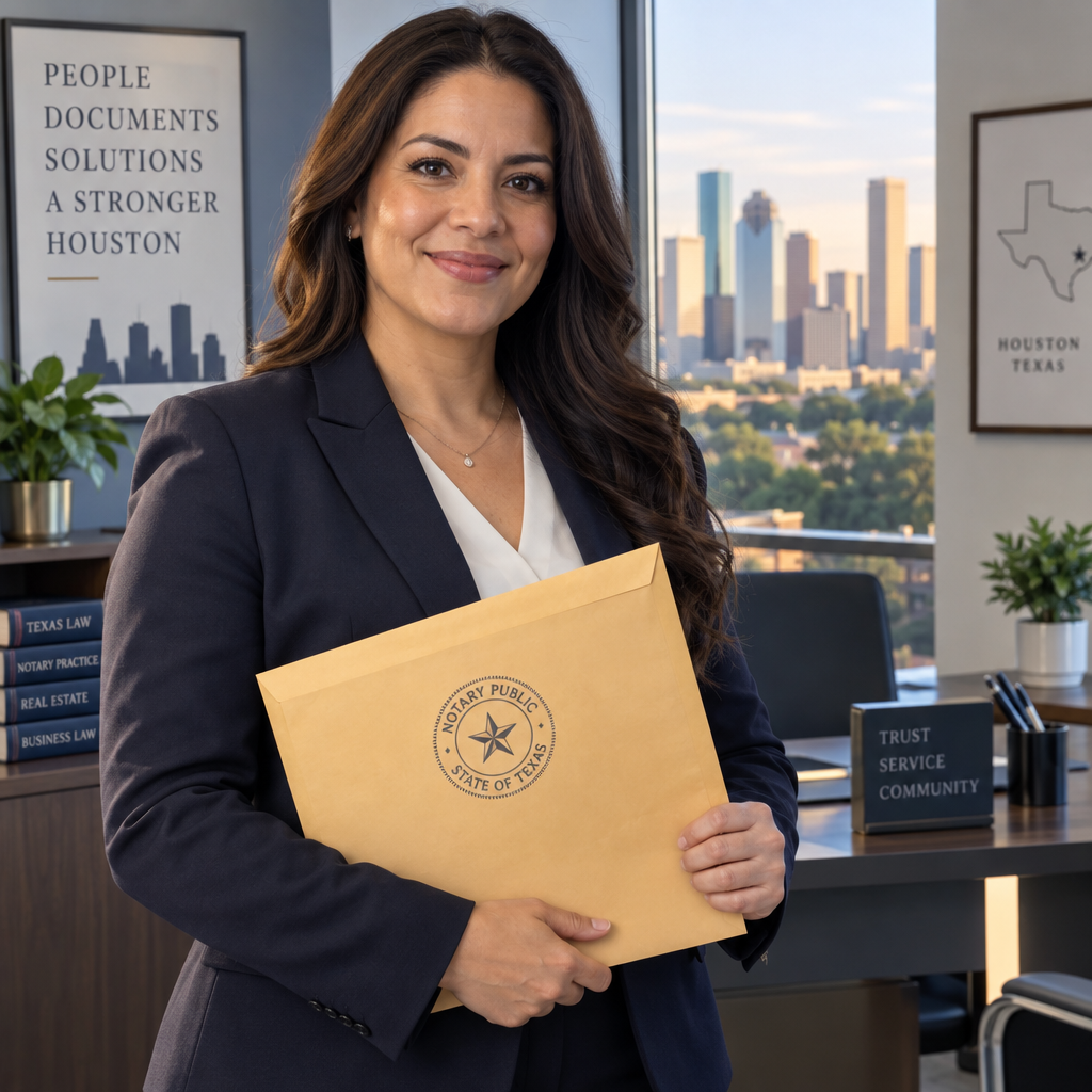 Professional Texas notary holding official documents for mobile notary appointment